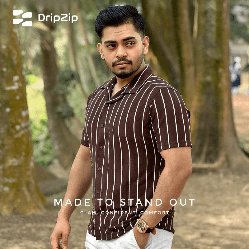 Brown Stripe - Cuban Collar Half  Shirt