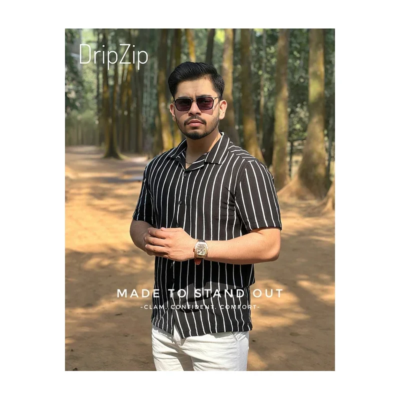 Black Stripe- Cuban Collar Half  Shirt