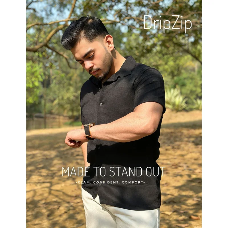 Solid Black- Cuban Collar Half  Shirt