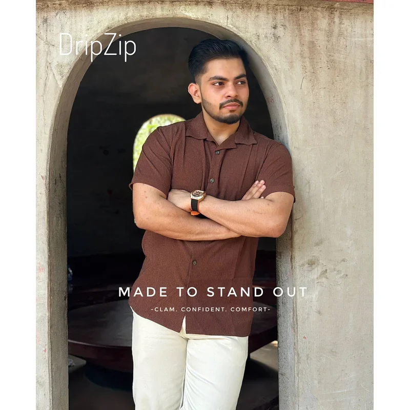 Solid Brown -Cuban Collar Half  Shirt
