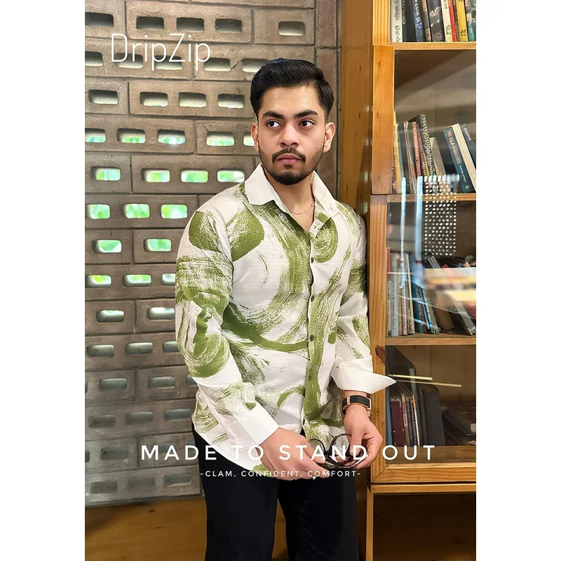 Green & White Printed Full Shirt