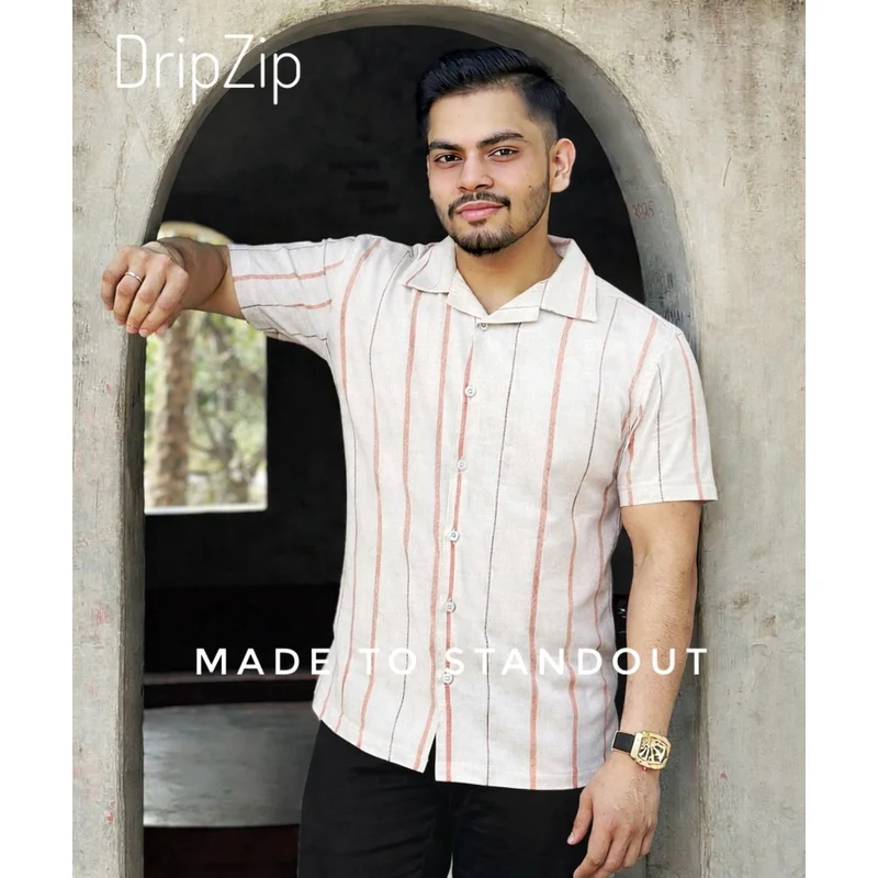 White & Pink Stripe - Cuban Collar Half Shirt